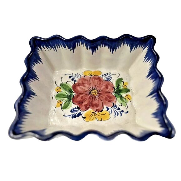 Vestal Alcobaca Portugal #955 HAND PAINTED Ceramic Blue Floral Rectangle VINTAGE - Picture 1 of 9